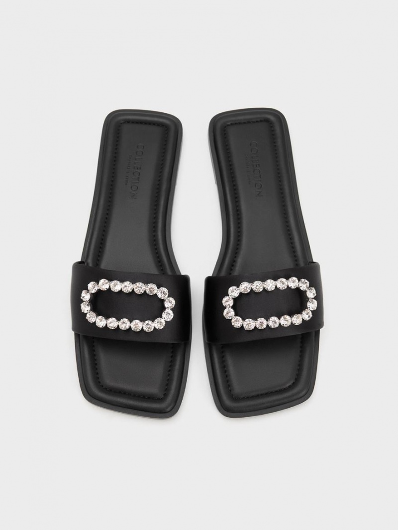 Charles And Keith Gem-Embellished Recycled Polyester Slides Black | PHILIPPINES V432