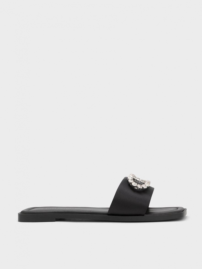 Charles And Keith Gem-Embellished Recycled Polyester Slides Black | PHILIPPINES V432