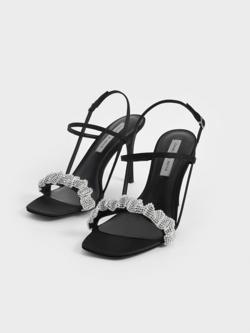 Charles And Keith Gem-Embellished Satin Stiletto Heels Sandals Black | PHILIPPINES O241