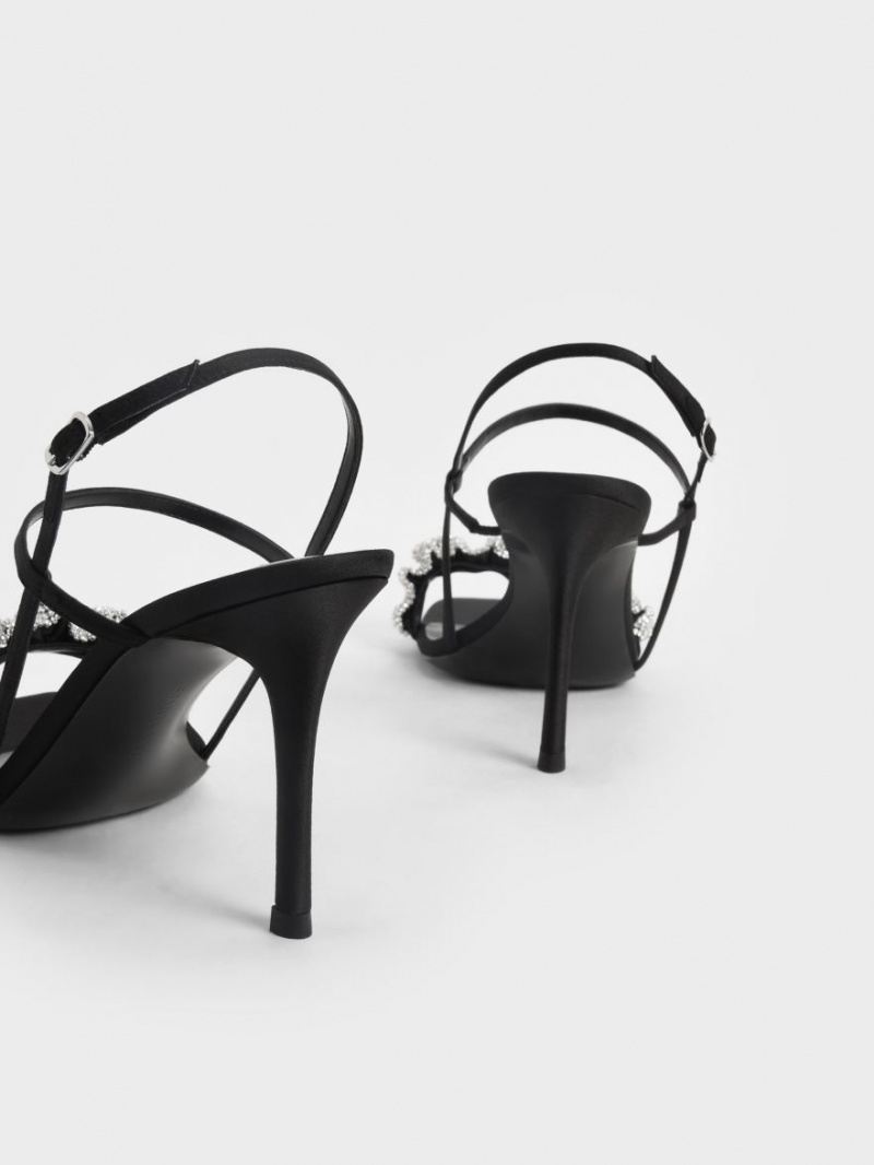 Charles And Keith Gem-Embellished Satin Stiletto Heels Sandals Black | PHILIPPINES O241