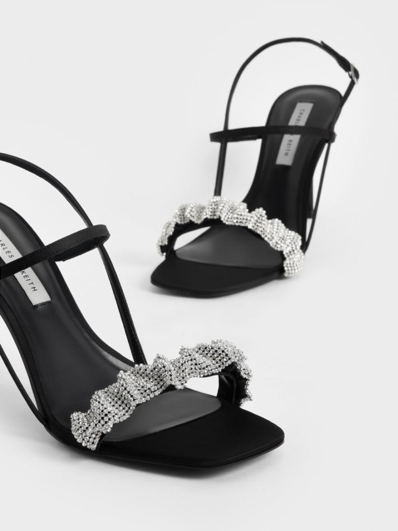 Charles And Keith Gem-Embellished Satin Stiletto Heels Sandals Black | PHILIPPINES O241