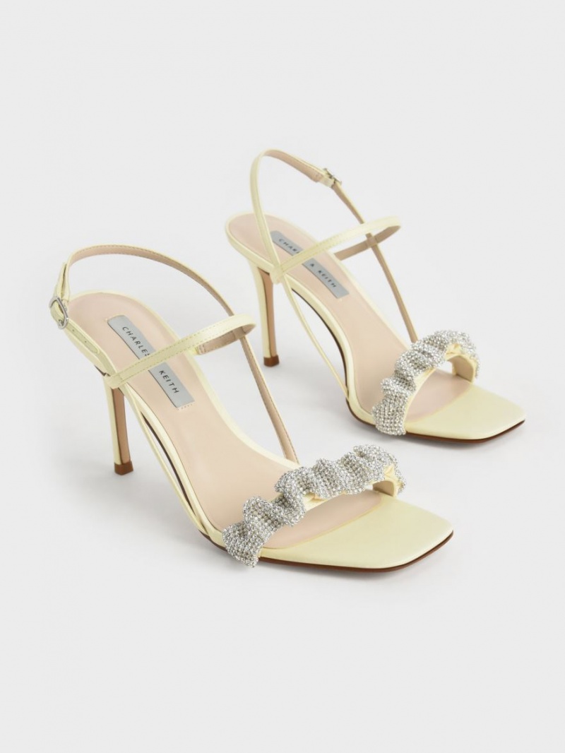 Charles And Keith Gem-Embellished Satin Stiletto Heels Sandals Yellow | PHILIPPINES G792