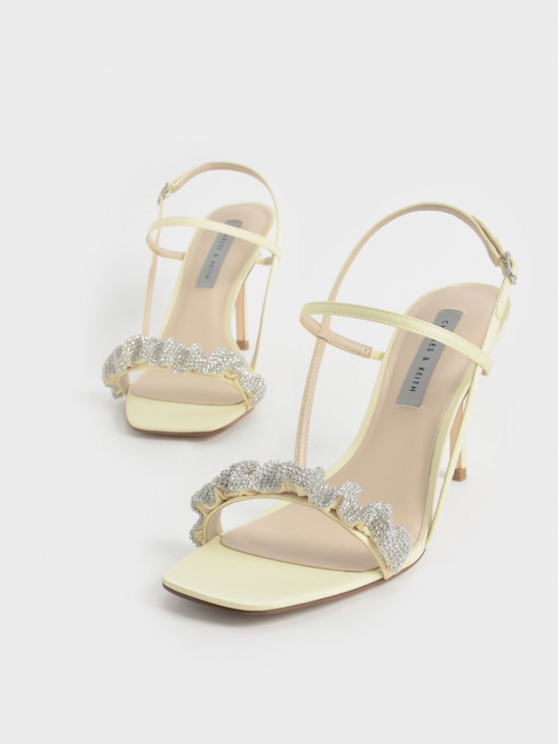 Charles And Keith Gem-Embellished Satin Stiletto Heels Sandals Yellow | PHILIPPINES G792