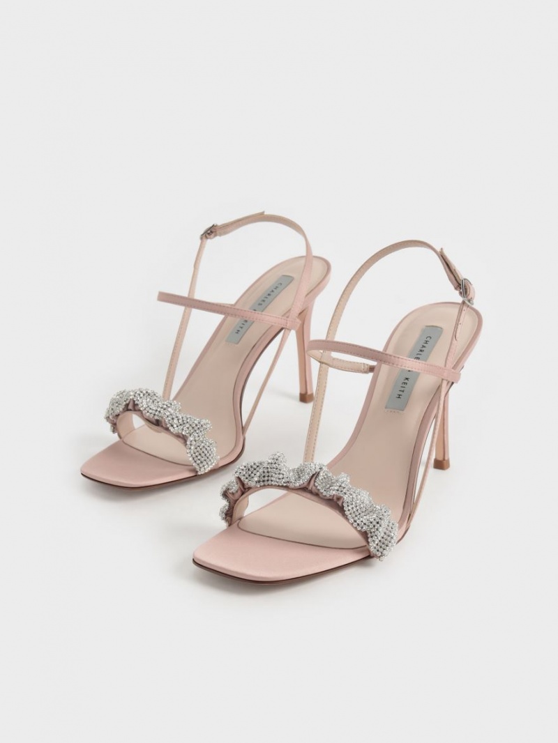 Charles And Keith Gem-Embellished Satin Stiletto Heels Sandals Pink | PHILIPPINES Z265