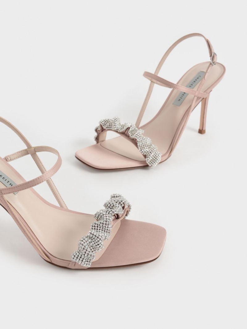 Charles And Keith Gem-Embellished Satin Stiletto Heels Sandals Pink | PHILIPPINES Z265