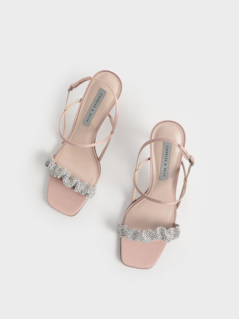 Charles And Keith Gem-Embellished Satin Stiletto Heels Sandals Pink | PHILIPPINES Z265