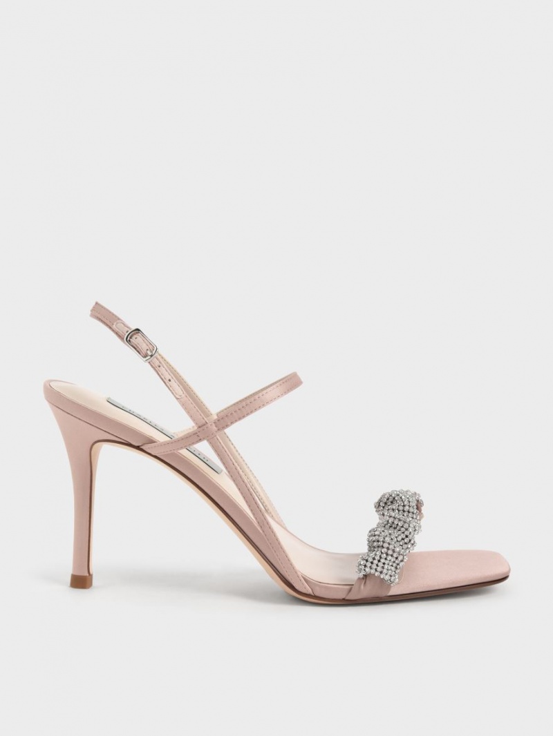 Charles And Keith Gem-Embellished Satin Stiletto Heels Sandals Pink | PHILIPPINES Z265