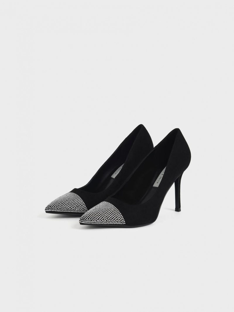 Charles And Keith Gem-Embellished Textured Stiletto Pumps Black | PHILIPPINES N470