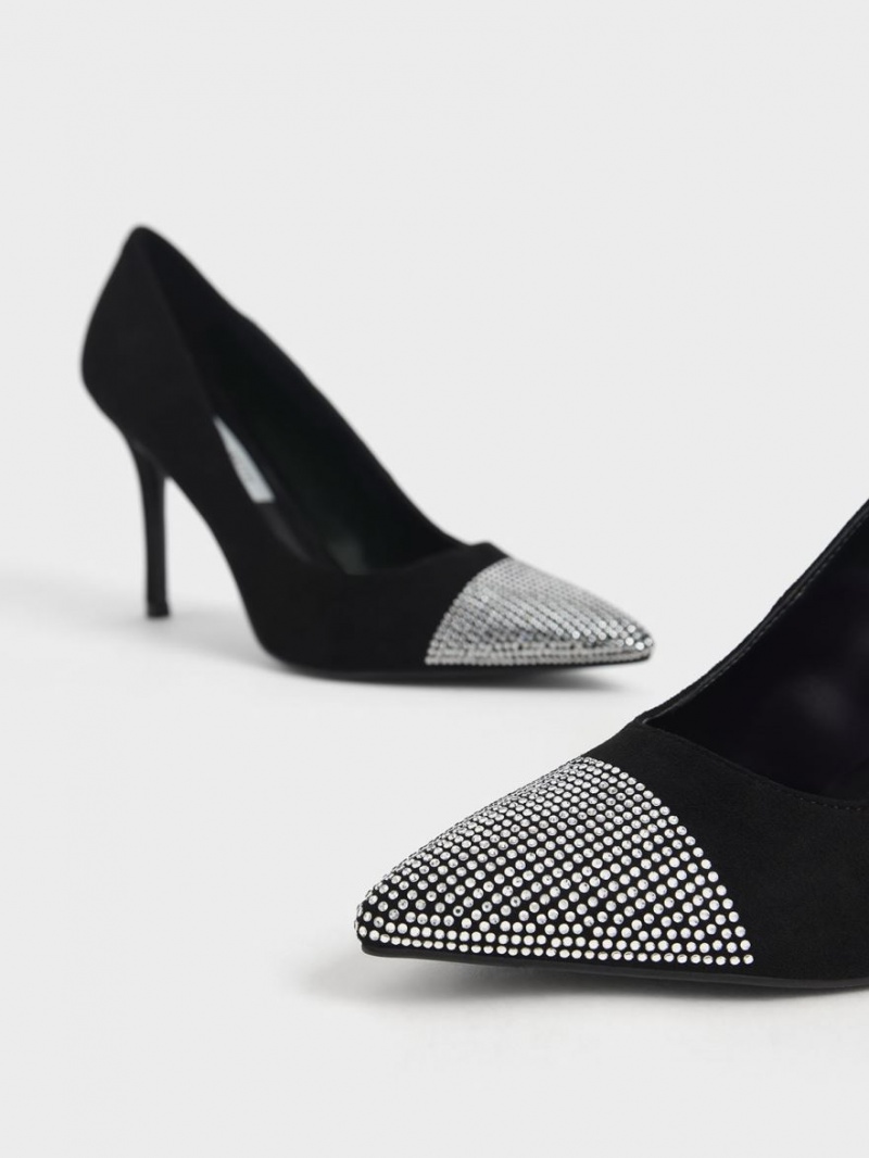 Charles And Keith Gem-Embellished Textured Stiletto Pumps Black | PHILIPPINES N470