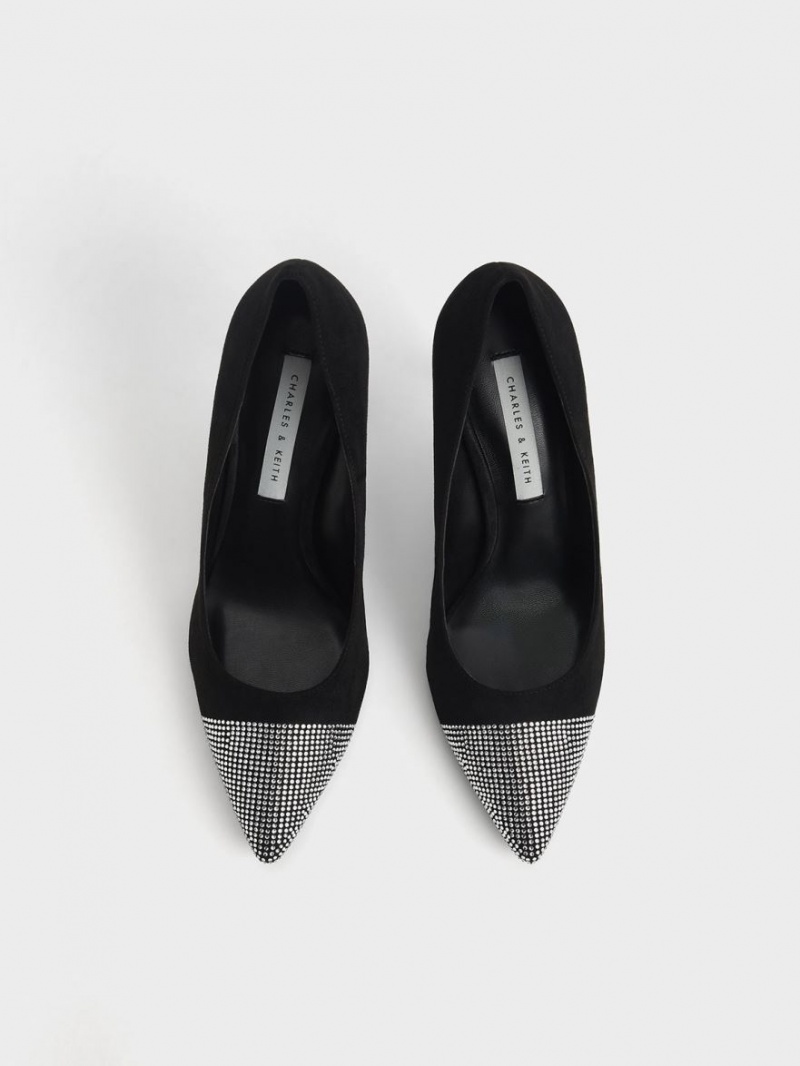 Charles And Keith Gem-Embellished Textured Stiletto Pumps Black | PHILIPPINES N470