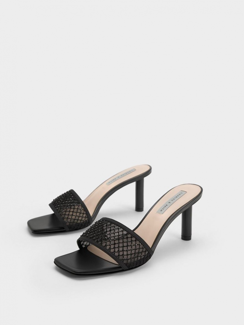 Charles And Keith Gem-Encrusted Cylindrical Heel Mesh Heels Sandals Black | PHILIPPINES K468