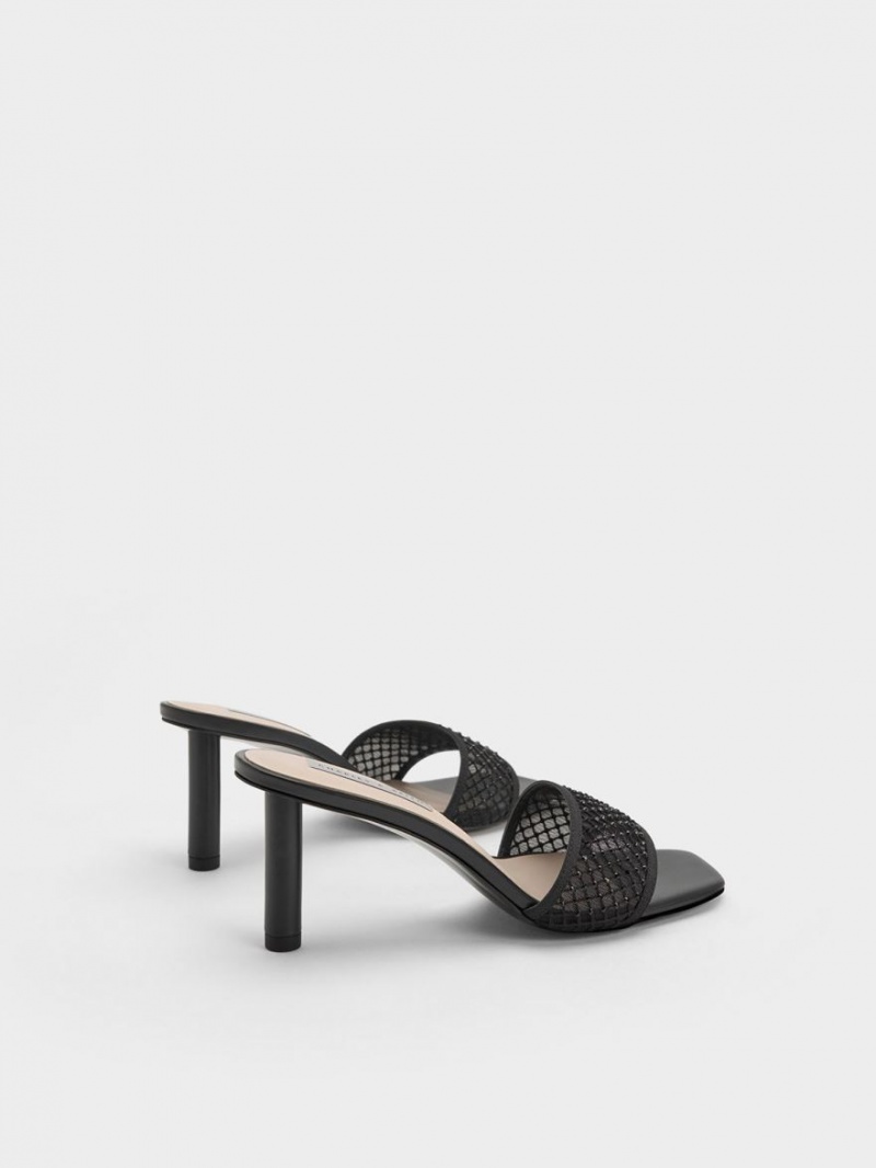 Charles And Keith Gem-Encrusted Cylindrical Heel Mesh Heels Sandals Black | PHILIPPINES K468