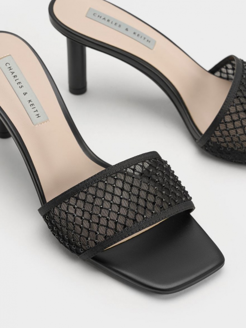 Charles And Keith Gem-Encrusted Cylindrical Heel Mesh Heels Sandals Black | PHILIPPINES K468