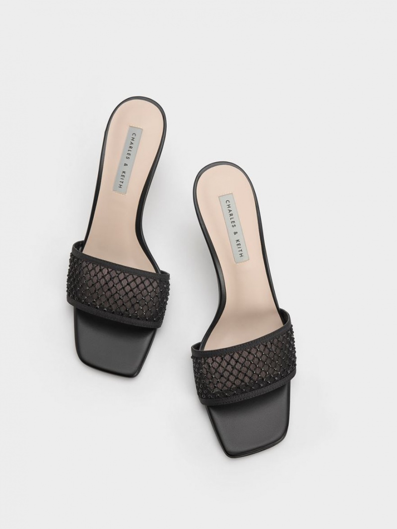 Charles And Keith Gem-Encrusted Cylindrical Heel Mesh Heels Sandals Black | PHILIPPINES K468