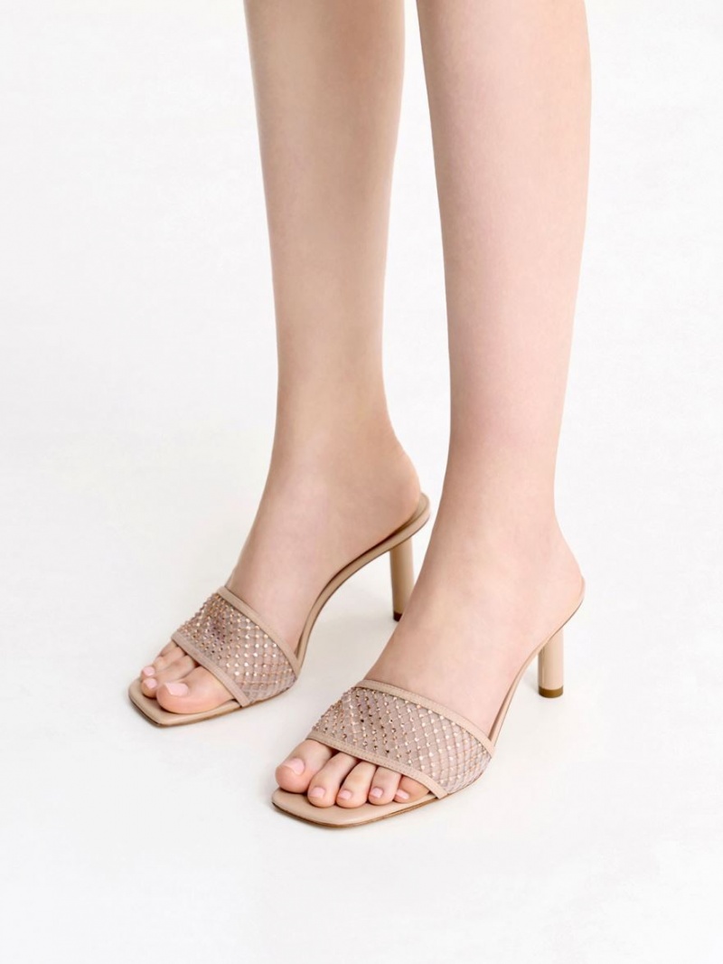 Charles And Keith Gem-Encrusted Cylindrical Heel Mesh Heels Sandals Beige | PHILIPPINES C483