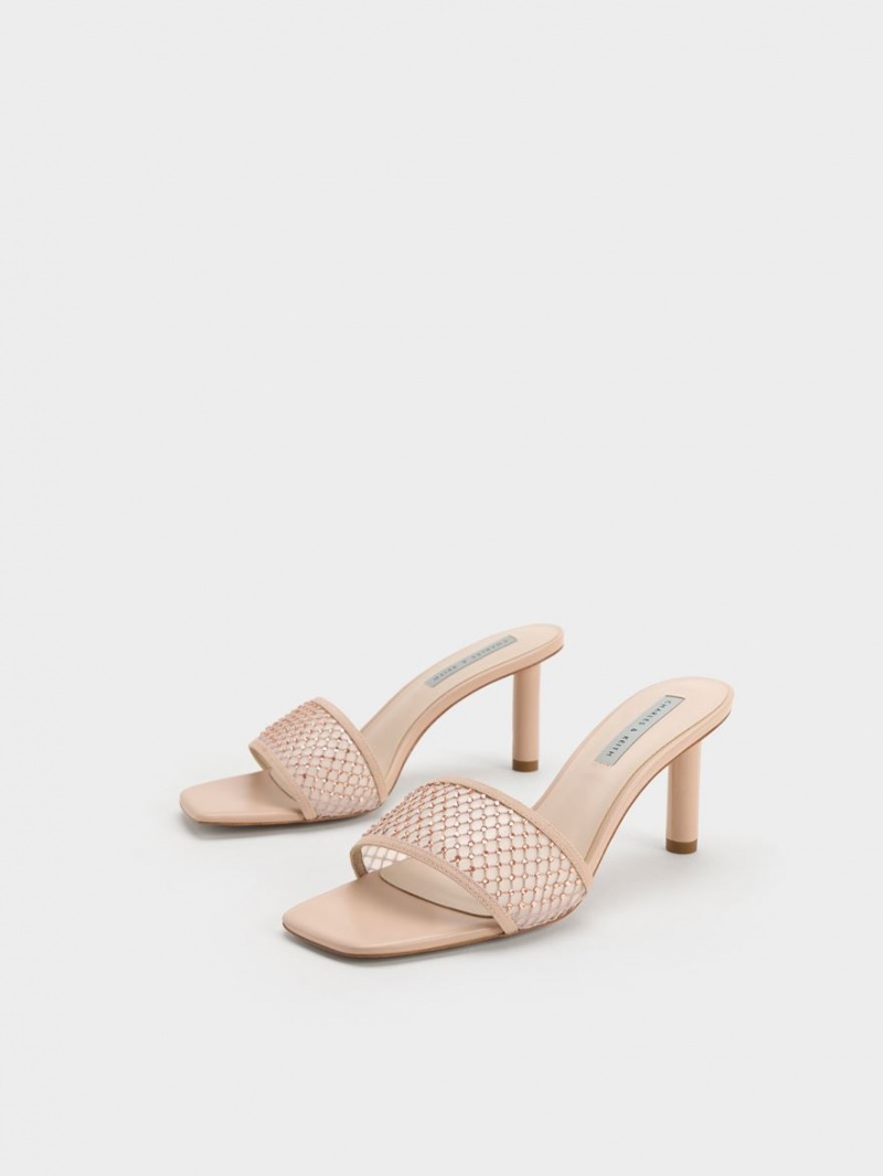 Charles And Keith Gem-Encrusted Cylindrical Heel Mesh Heels Sandals Beige | PHILIPPINES C483