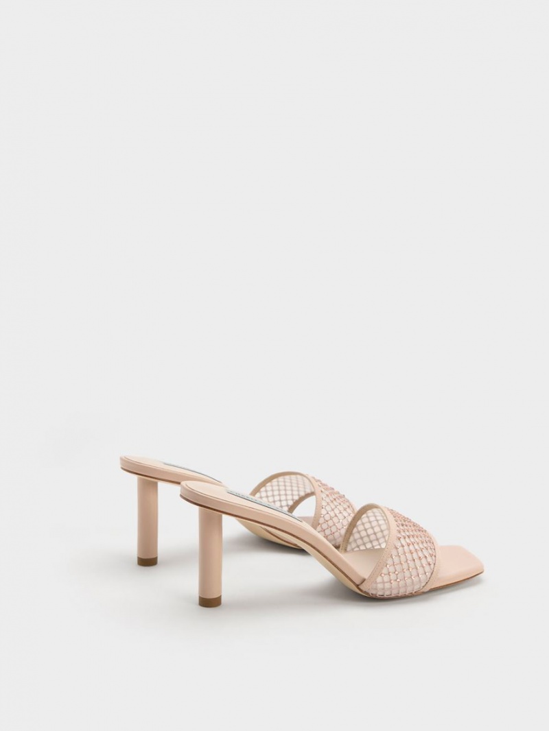 Charles And Keith Gem-Encrusted Cylindrical Heel Mesh Heels Sandals Beige | PHILIPPINES C483