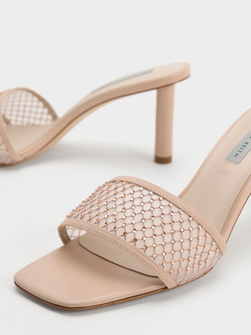 Charles And Keith Gem-Encrusted Cylindrical Heel Mesh Heels Sandals Beige | PHILIPPINES C483