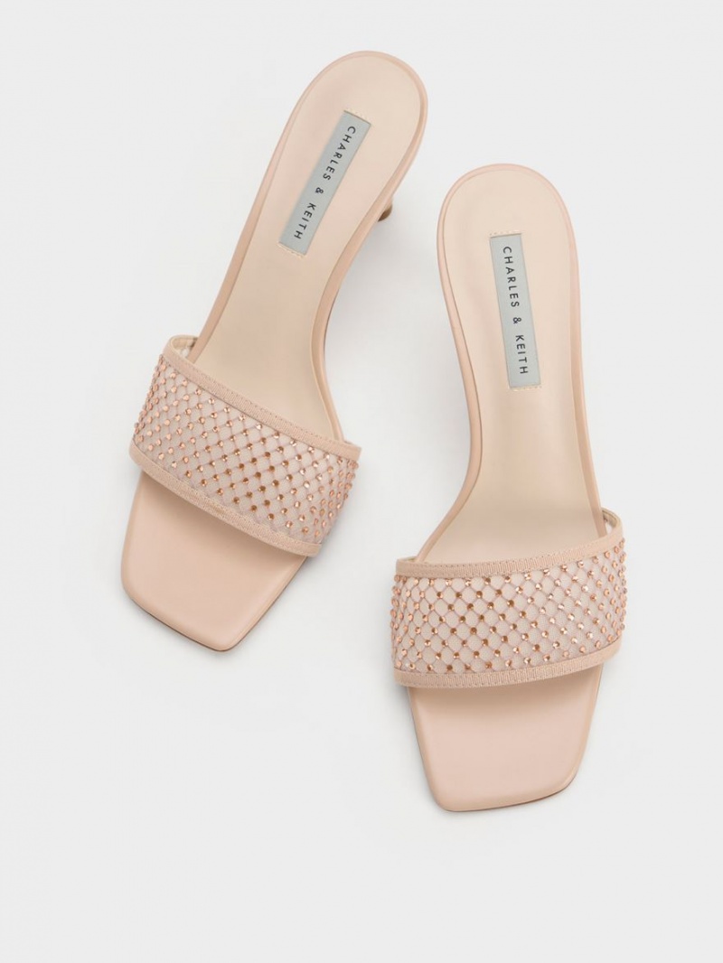 Charles And Keith Gem-Encrusted Cylindrical Heel Mesh Heels Sandals Beige | PHILIPPINES C483