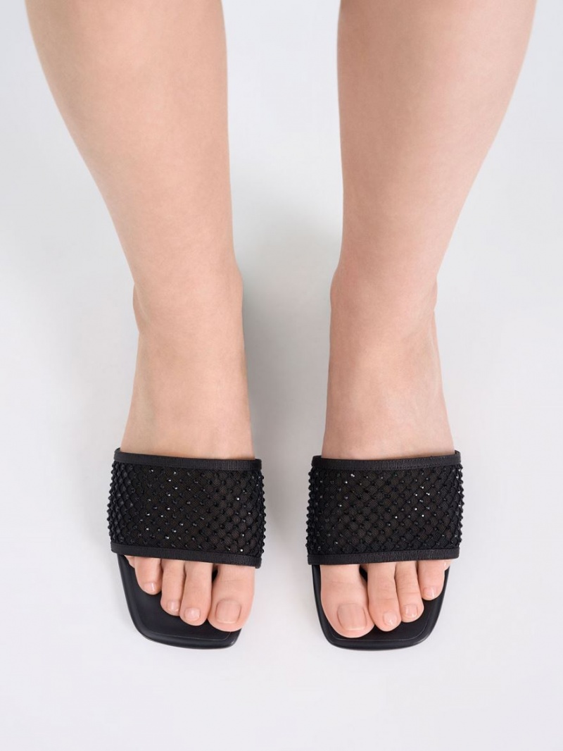 Charles And Keith Gem-Encrusted Mesh Slide Sandals Black | PHILIPPINES N164