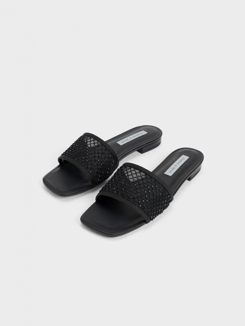 Charles And Keith Gem-Encrusted Mesh Slide Sandals Black | PHILIPPINES N164