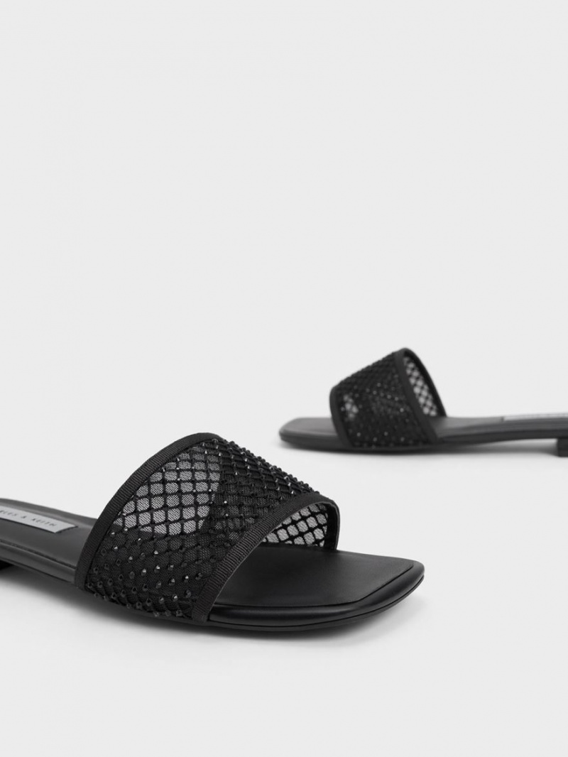 Charles And Keith Gem-Encrusted Mesh Slide Sandals Black | PHILIPPINES N164