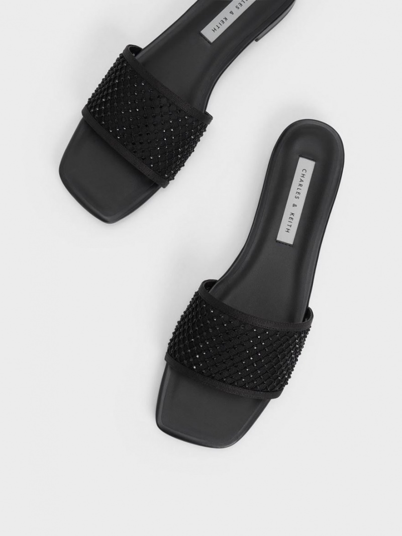 Charles And Keith Gem-Encrusted Mesh Slide Sandals Black | PHILIPPINES N164