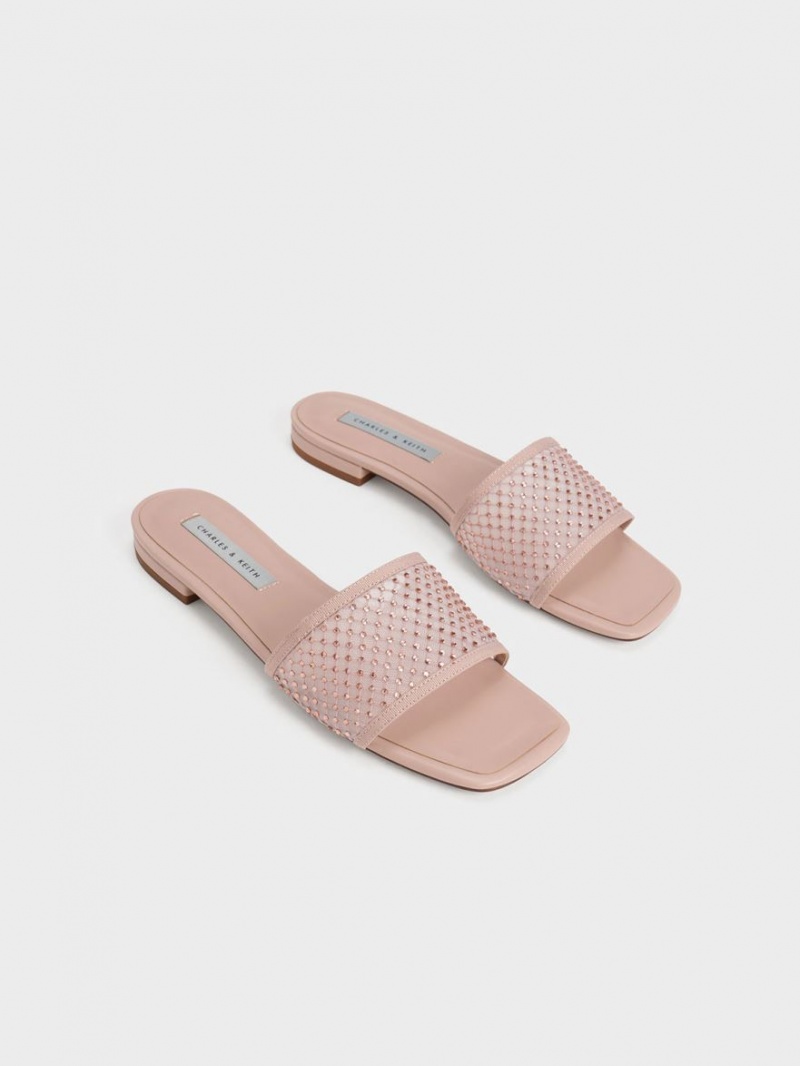 Charles And Keith Gem-Encrusted Mesh Slide Sandals Beige | PHILIPPINES V719