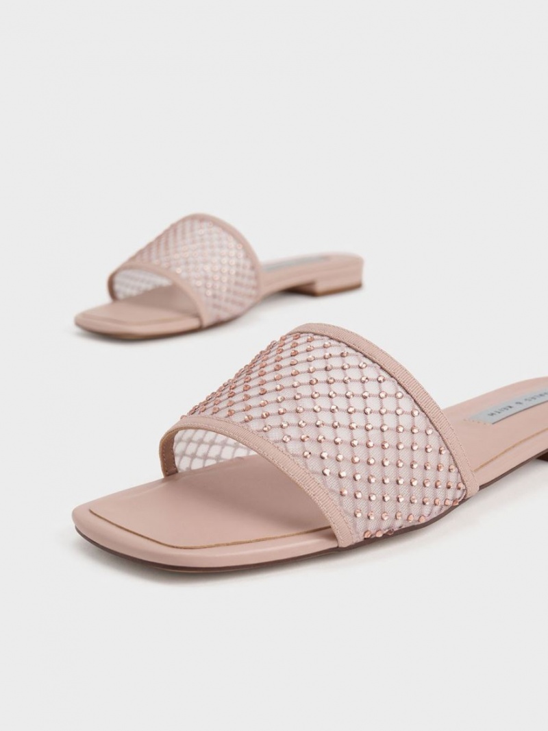 Charles And Keith Gem-Encrusted Mesh Slide Sandals Beige | PHILIPPINES V719