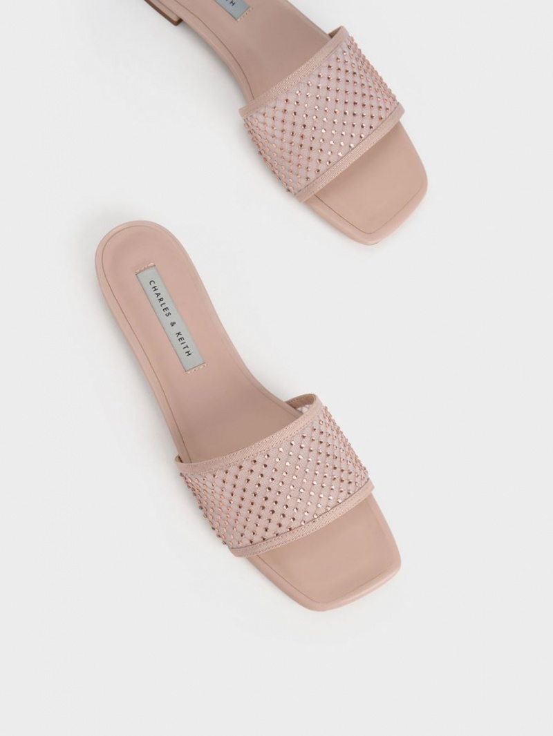 Charles And Keith Gem-Encrusted Mesh Slide Sandals Beige | PHILIPPINES V719