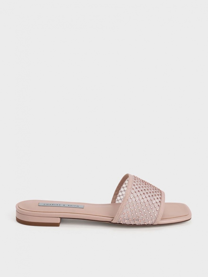 Charles And Keith Gem-Encrusted Mesh Slide Sandals Beige | PHILIPPINES V719