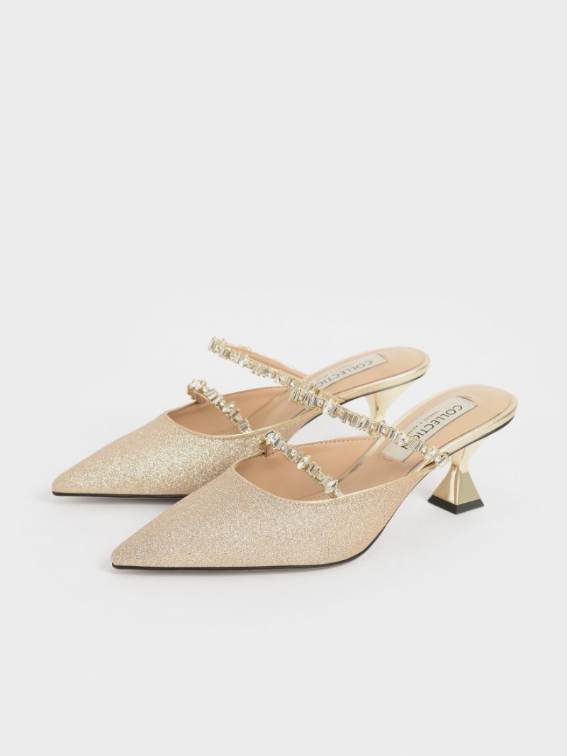 Charles And Keith Gem-Encrusted Metallic Glittered Mules Gold | PHILIPPINES K806