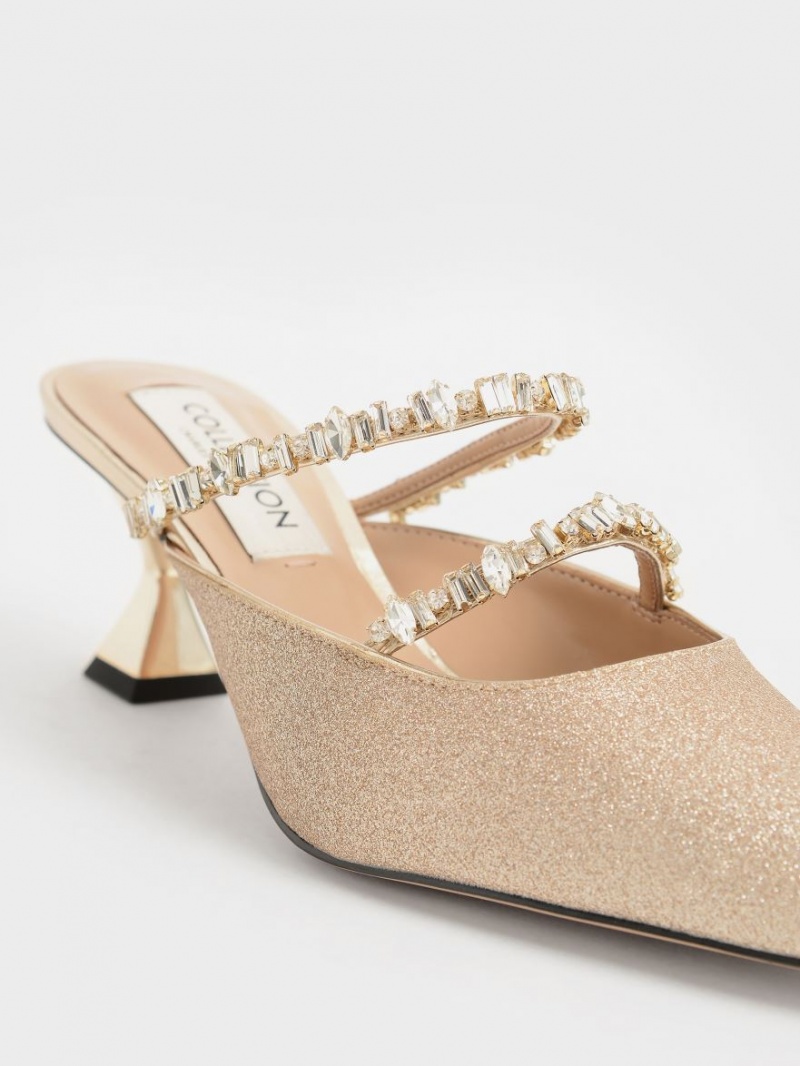 Charles And Keith Gem-Encrusted Metallic Glittered Mules Gold | PHILIPPINES K806