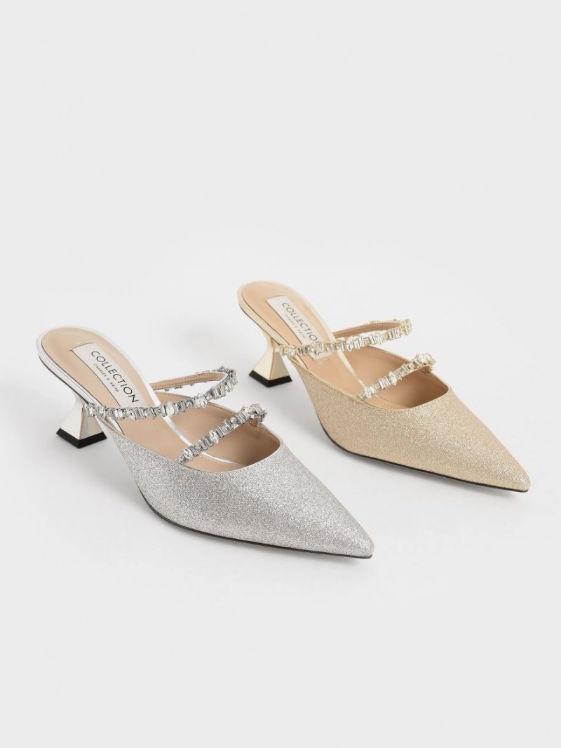 Charles And Keith Gem-Encrusted Metallic Glittered Mules Gold | PHILIPPINES K806