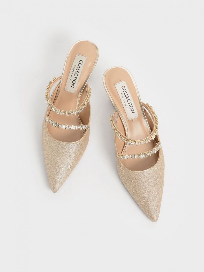 Charles And Keith Gem-Encrusted Metallic Glittered Mules Gold | PHILIPPINES K806