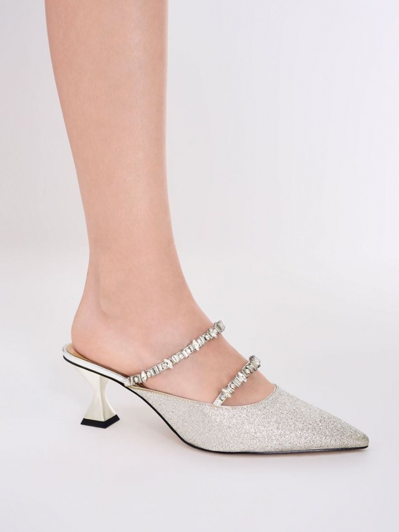 Charles And Keith Gem-Encrusted Metallic Glittered Mules Silver | PHILIPPINES Q218