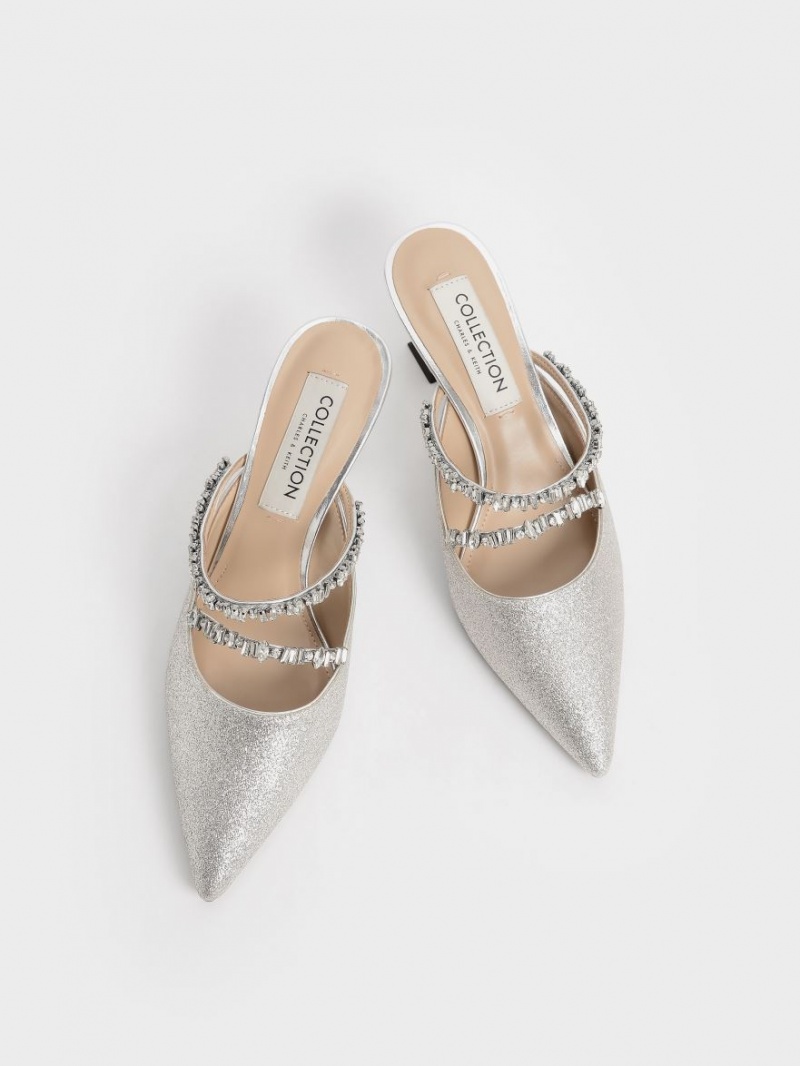 Charles And Keith Gem-Encrusted Metallic Glittered Mules Silver | PHILIPPINES Q218