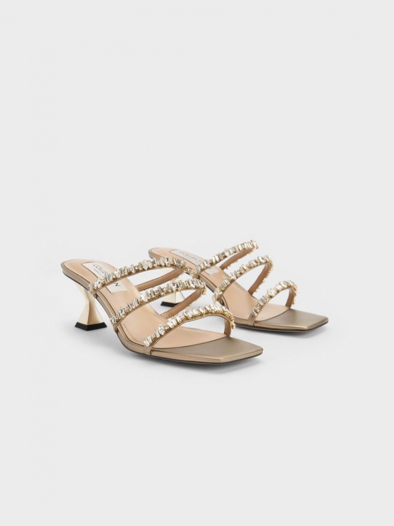 Charles And Keith Gem-Encrusted Metallic Strap Sandals Gold | PHILIPPINES E812