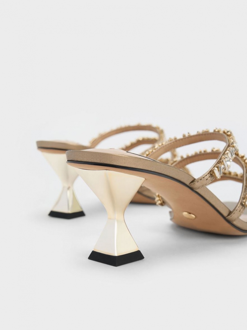 Charles And Keith Gem-Encrusted Metallic Strap Sandals Gold | PHILIPPINES E812