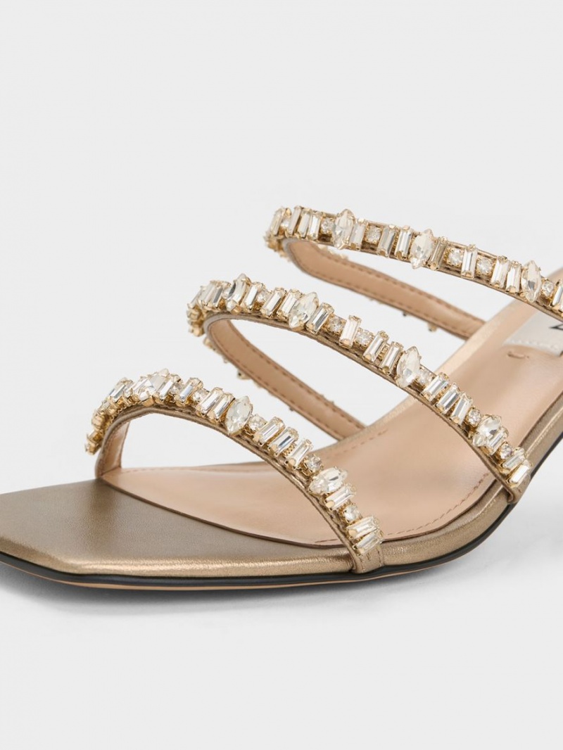 Charles And Keith Gem-Encrusted Metallic Strap Sandals Gold | PHILIPPINES E812