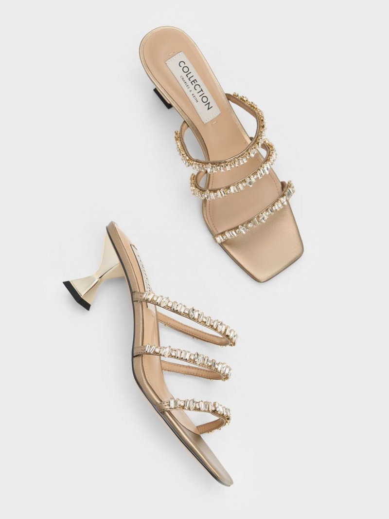 Charles And Keith Gem-Encrusted Metallic Strap Sandals Gold | PHILIPPINES E812