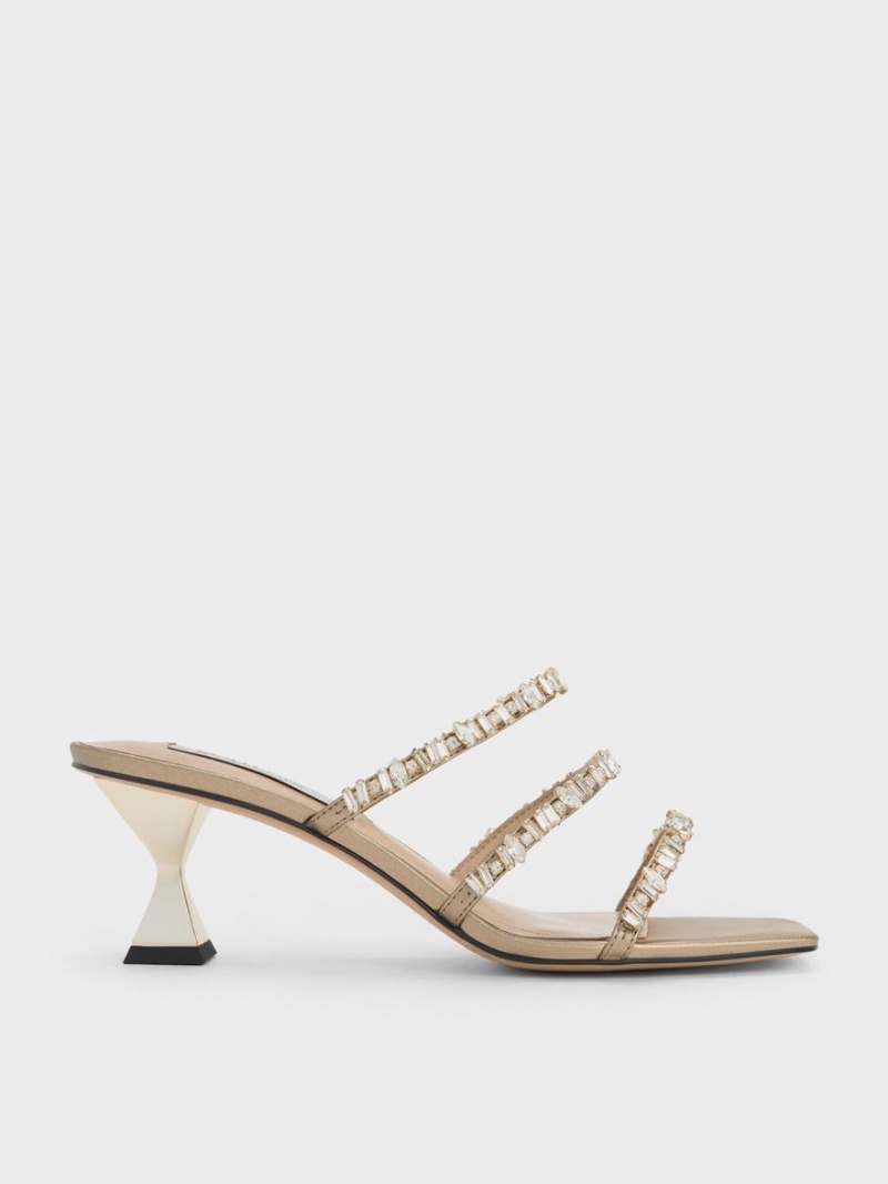 Charles And Keith Gem-Encrusted Metallic Strap Sandals Gold | PHILIPPINES E812