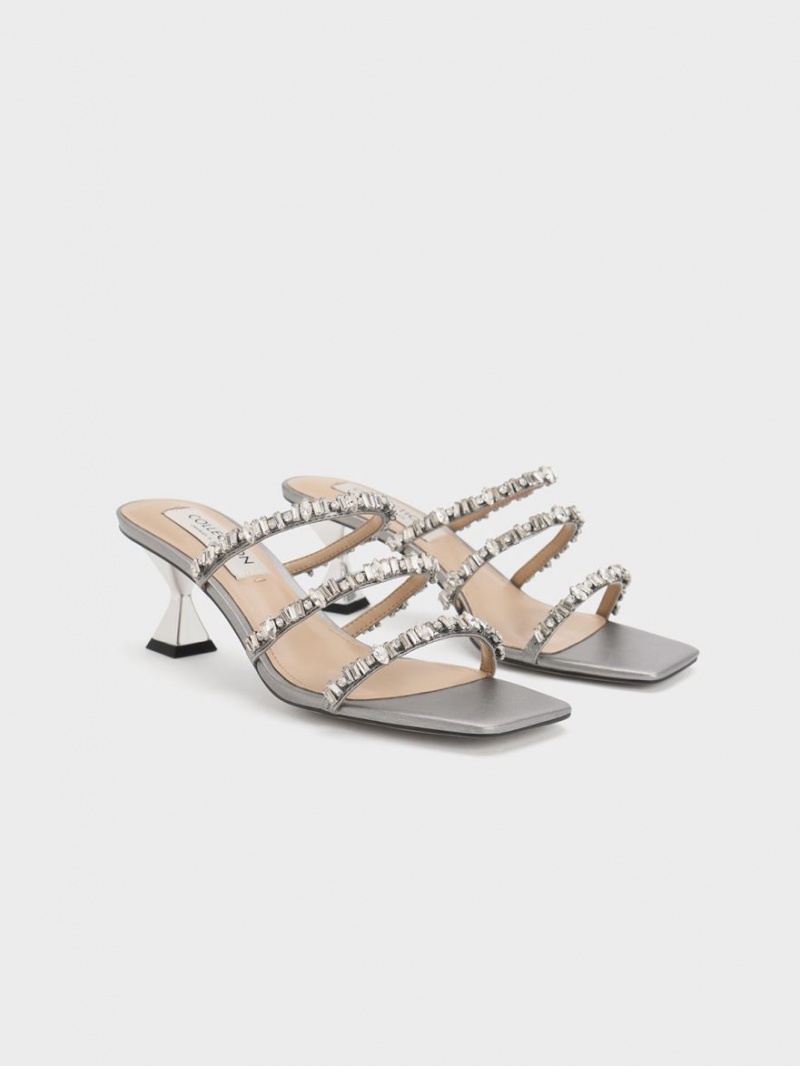 Charles And Keith Gem-Encrusted Metallic Strap Sandals Silver | PHILIPPINES M691