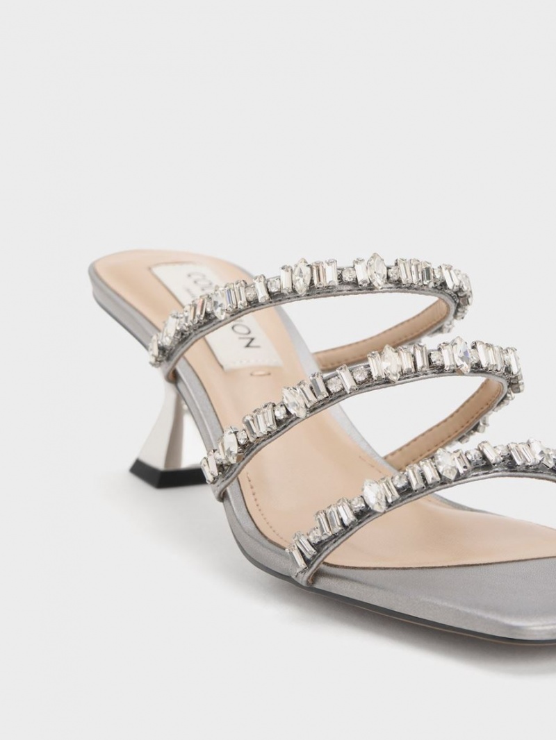 Charles And Keith Gem-Encrusted Metallic Strap Sandals Silver | PHILIPPINES M691