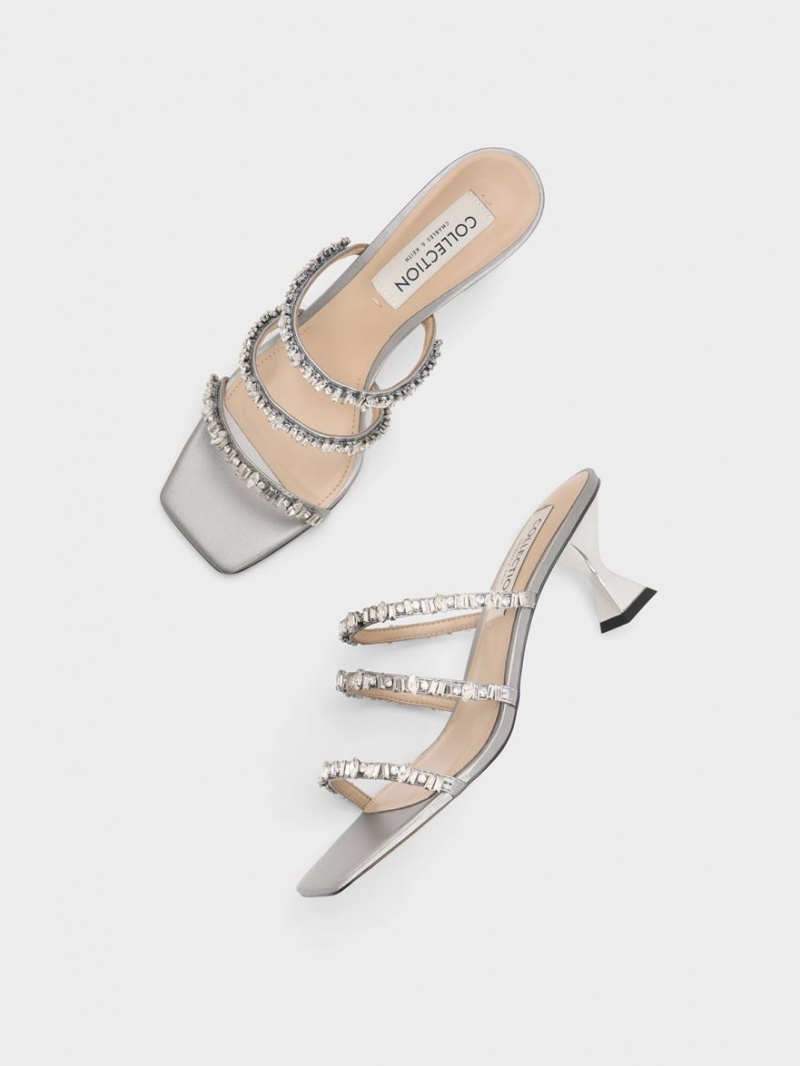 Charles And Keith Gem-Encrusted Metallic Strap Sandals Silver | PHILIPPINES M691