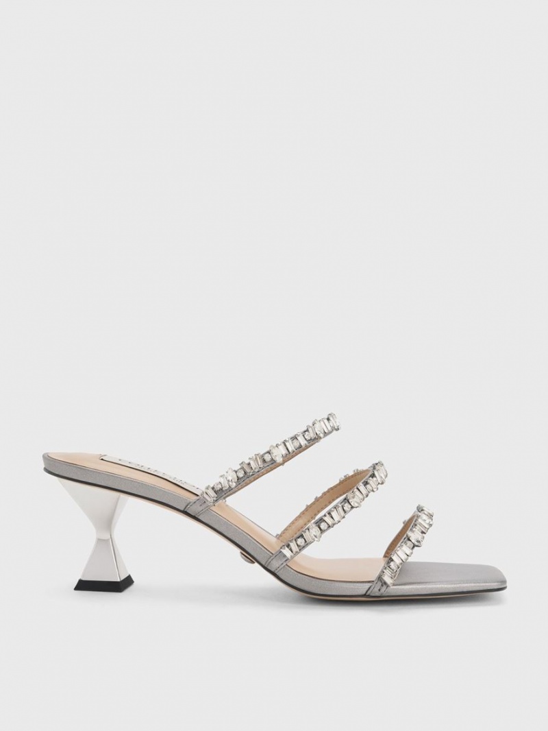 Charles And Keith Gem-Encrusted Metallic Strap Sandals Silver | PHILIPPINES M691