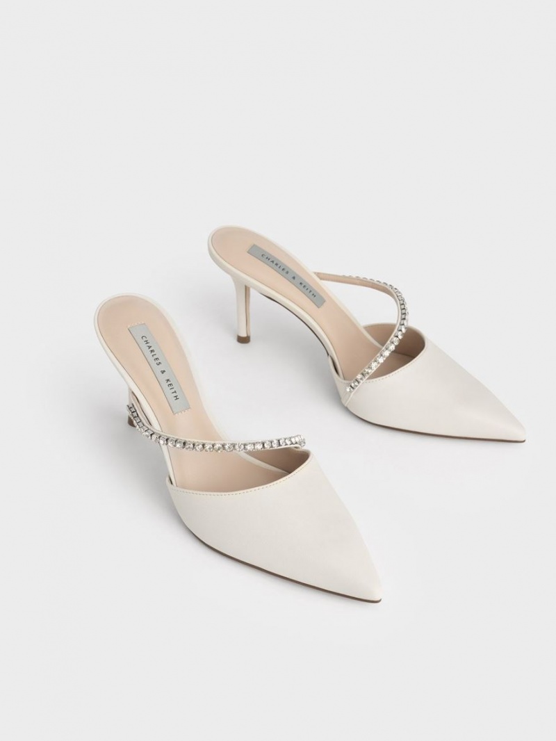 Charles And Keith Gem-Encrusted Stiletto Mules White | PHILIPPINES Y745