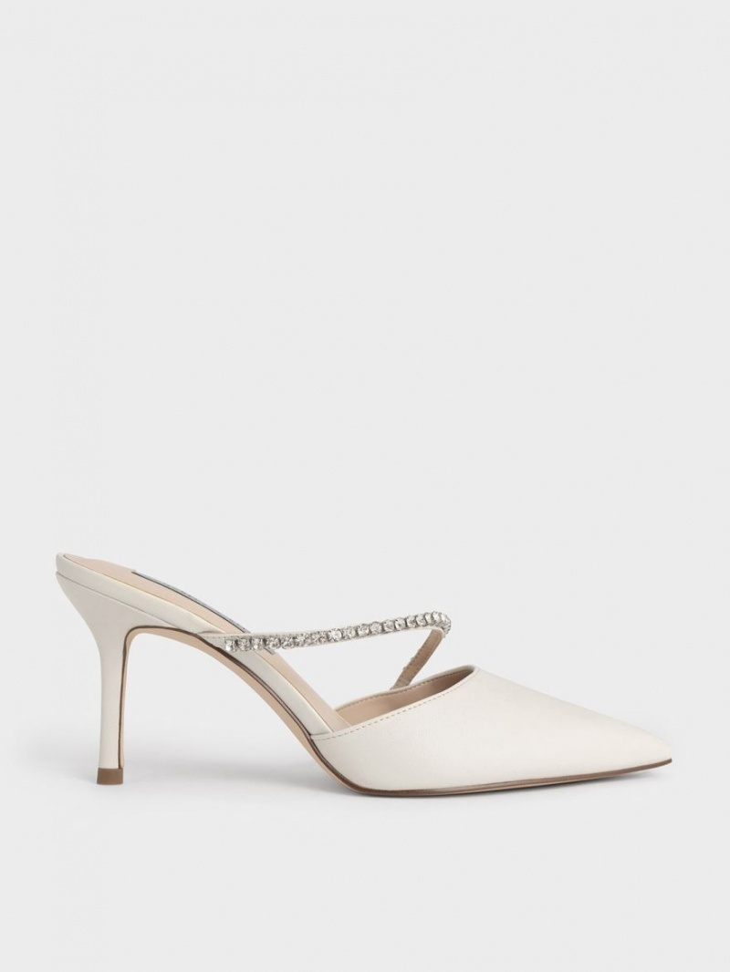 Charles And Keith Gem-Encrusted Stiletto Mules White | PHILIPPINES Y745