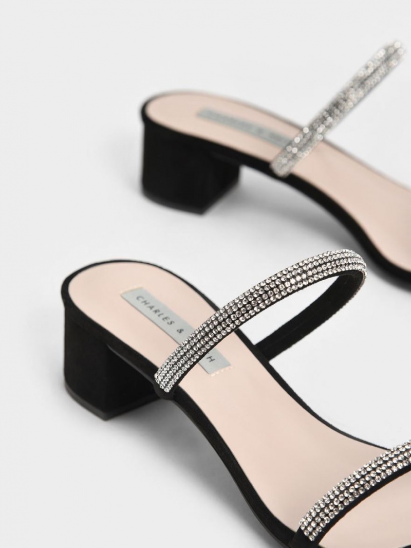 Charles And Keith Gem-Encrusted Strappy Heeled Mules Black | PHILIPPINES W625