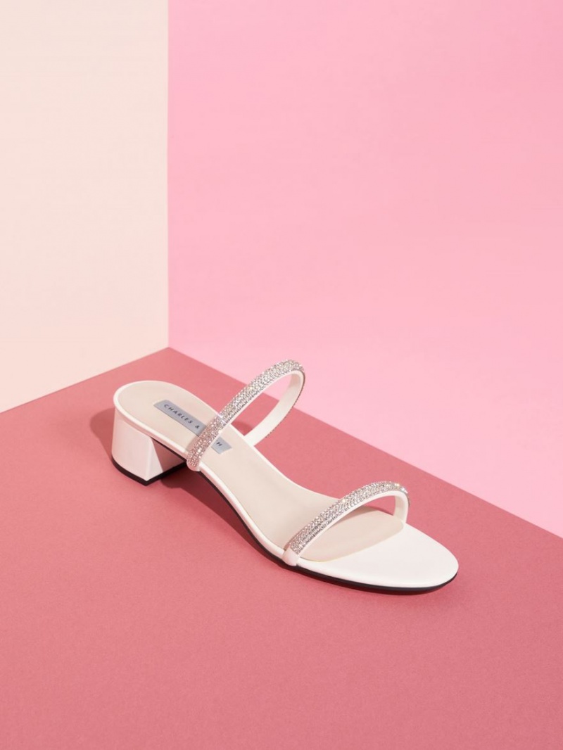 Charles And Keith Gem-Encrusted Strappy Heeled Mules Cream | PHILIPPINES V730